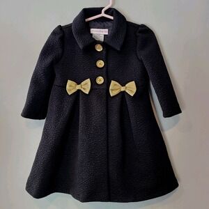 BONNIE BABY Girls Textured Bow Front Dress Coat Size 18M Holiday Black Gold